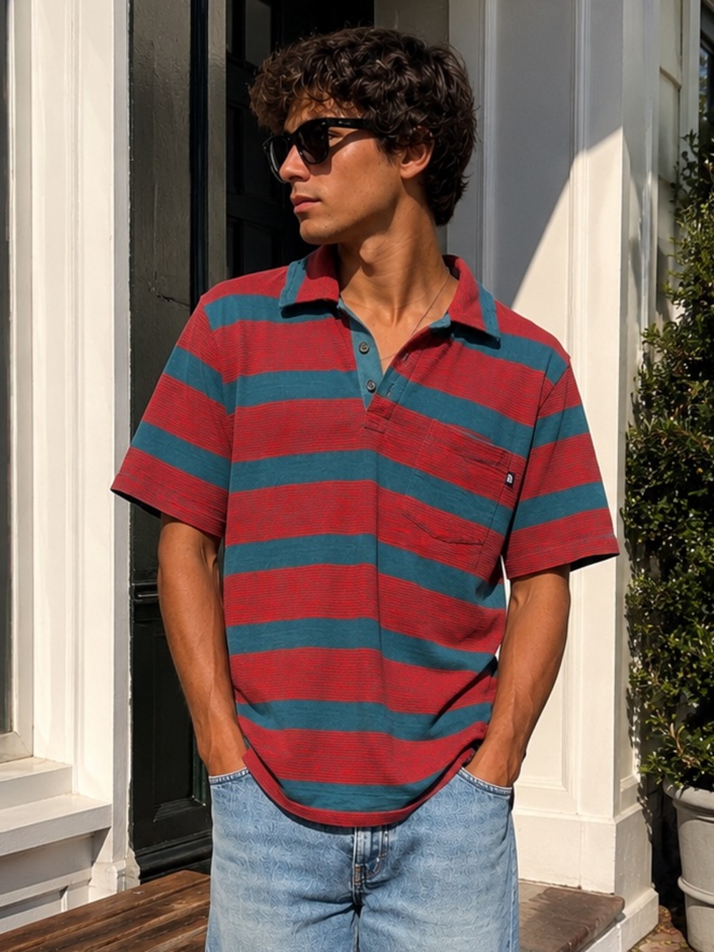 The North Face M Striped Pocket Polo Teal Red Heritage Outdoor Shirt Preppy
